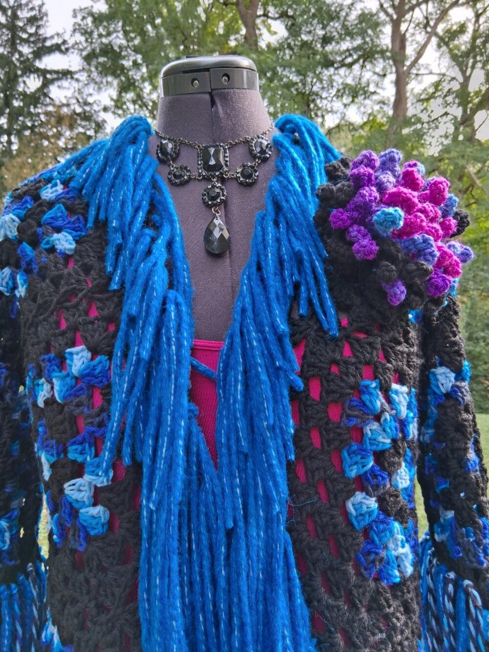 Black and Blue Fringe Granny Square Sweater Size L/XL - Picture 4 of 14